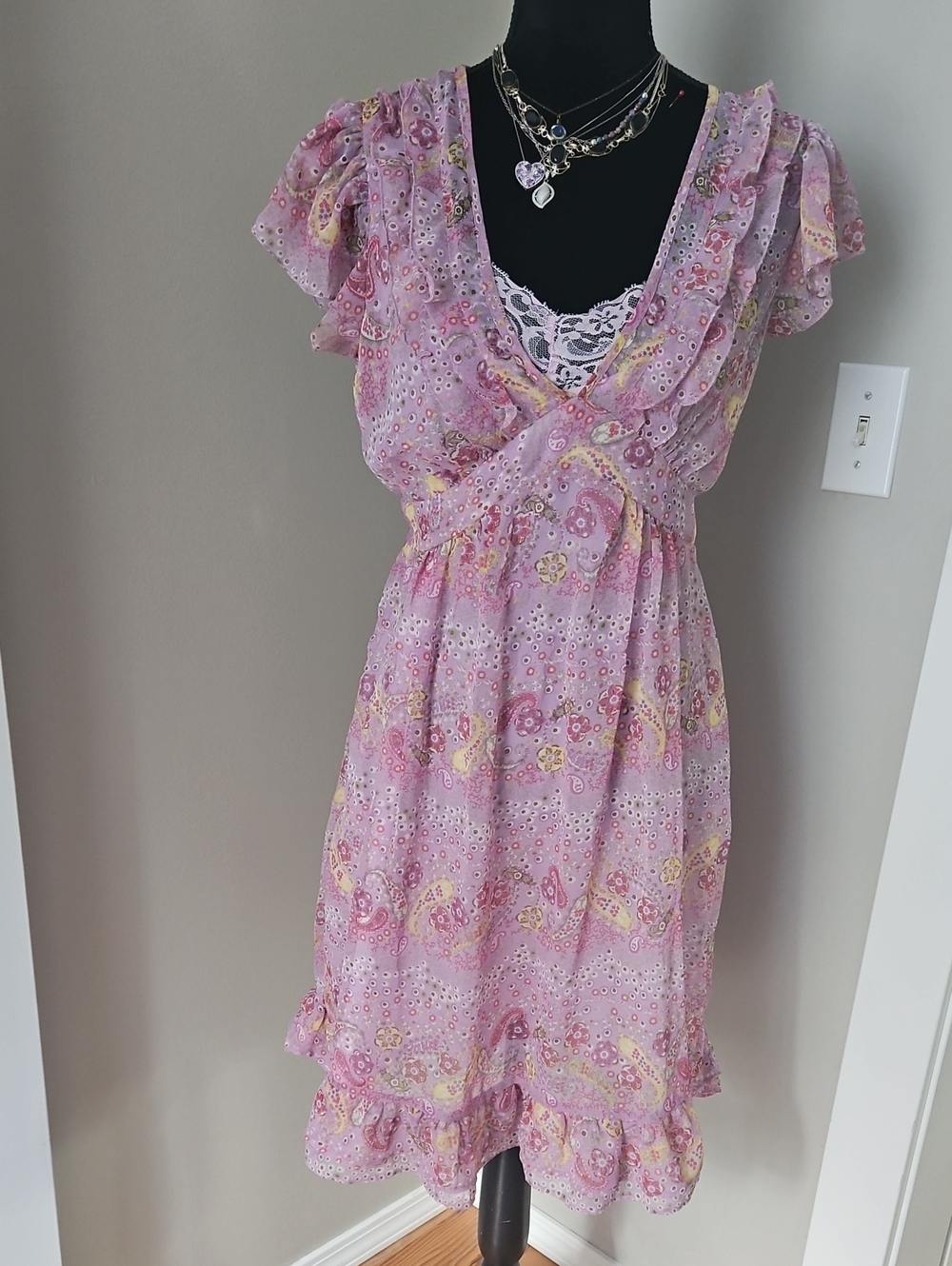 George Lavender Pink Paisley Midi Dress with Ruffle Detail